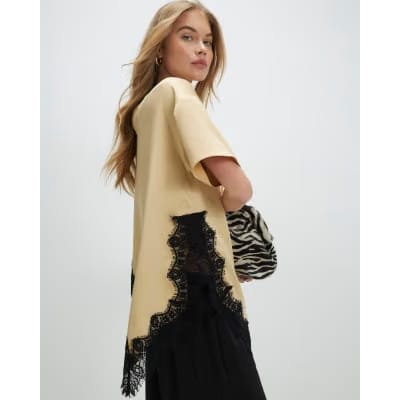 Beige Asymmetric Lace Satin T-Shirt