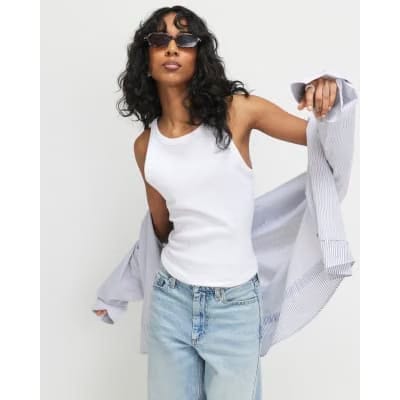 White Sleeveless Ribbed Tank Top