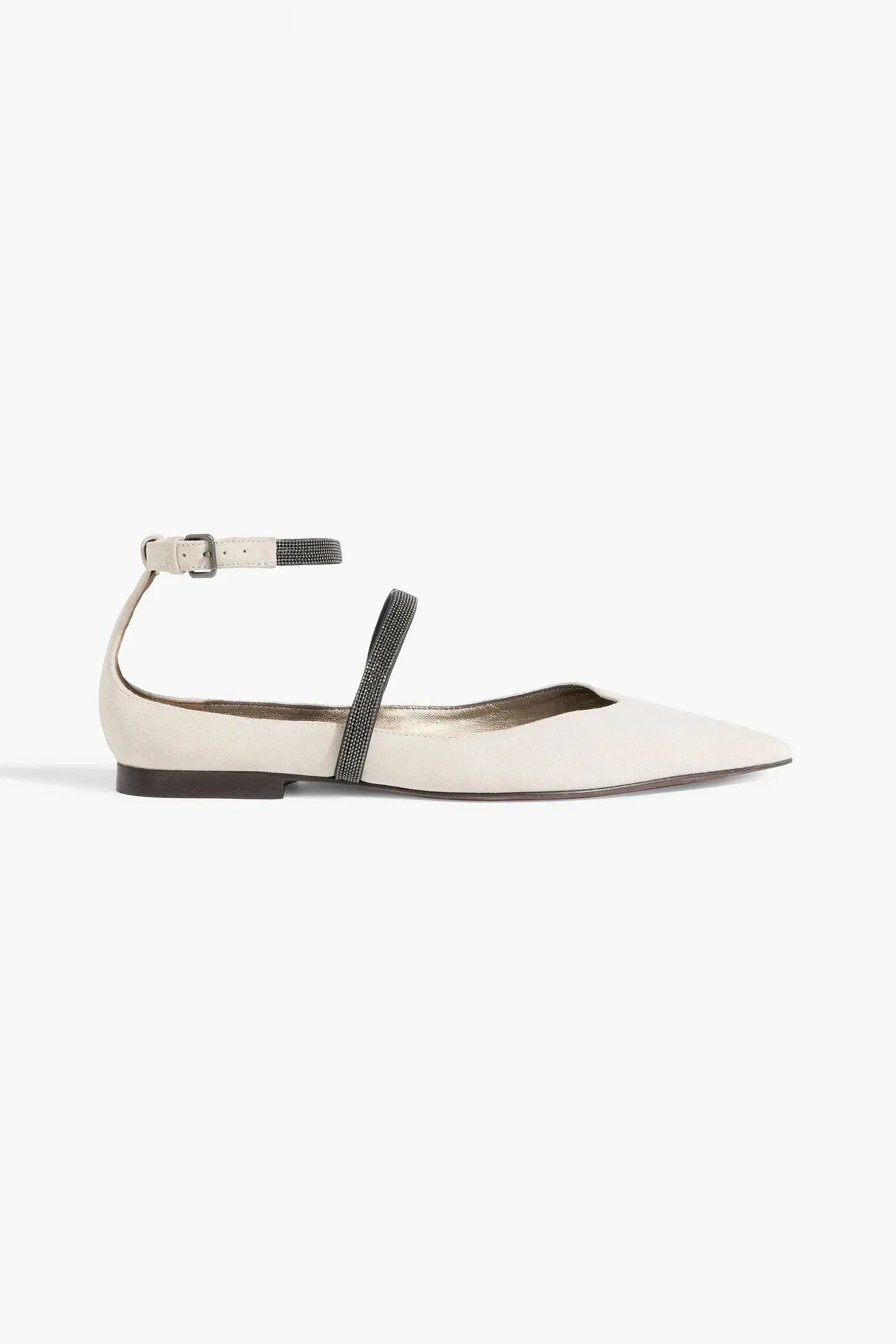 Brunello Cucinelli Bead-Embellished Suede Point-Toe Flats Light Gray Women's