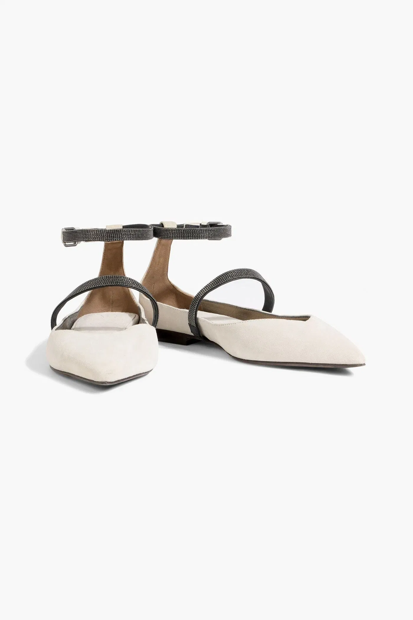 Brunello Cucinelli Bead-Embellished Suede Point-Toe Flats Light Gray Women's