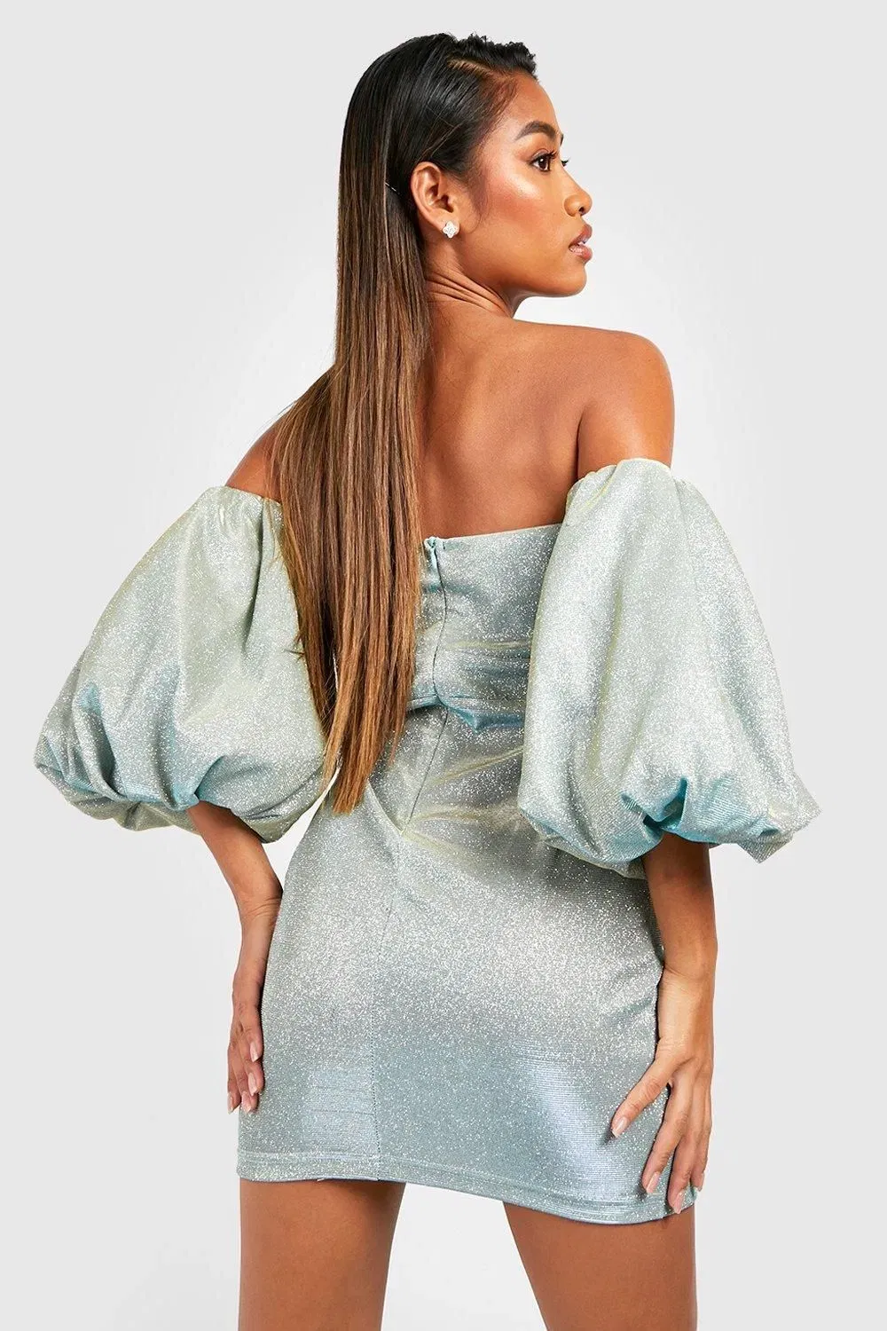 Glitter Puff Sleeve Off The Shoulder Party Dress