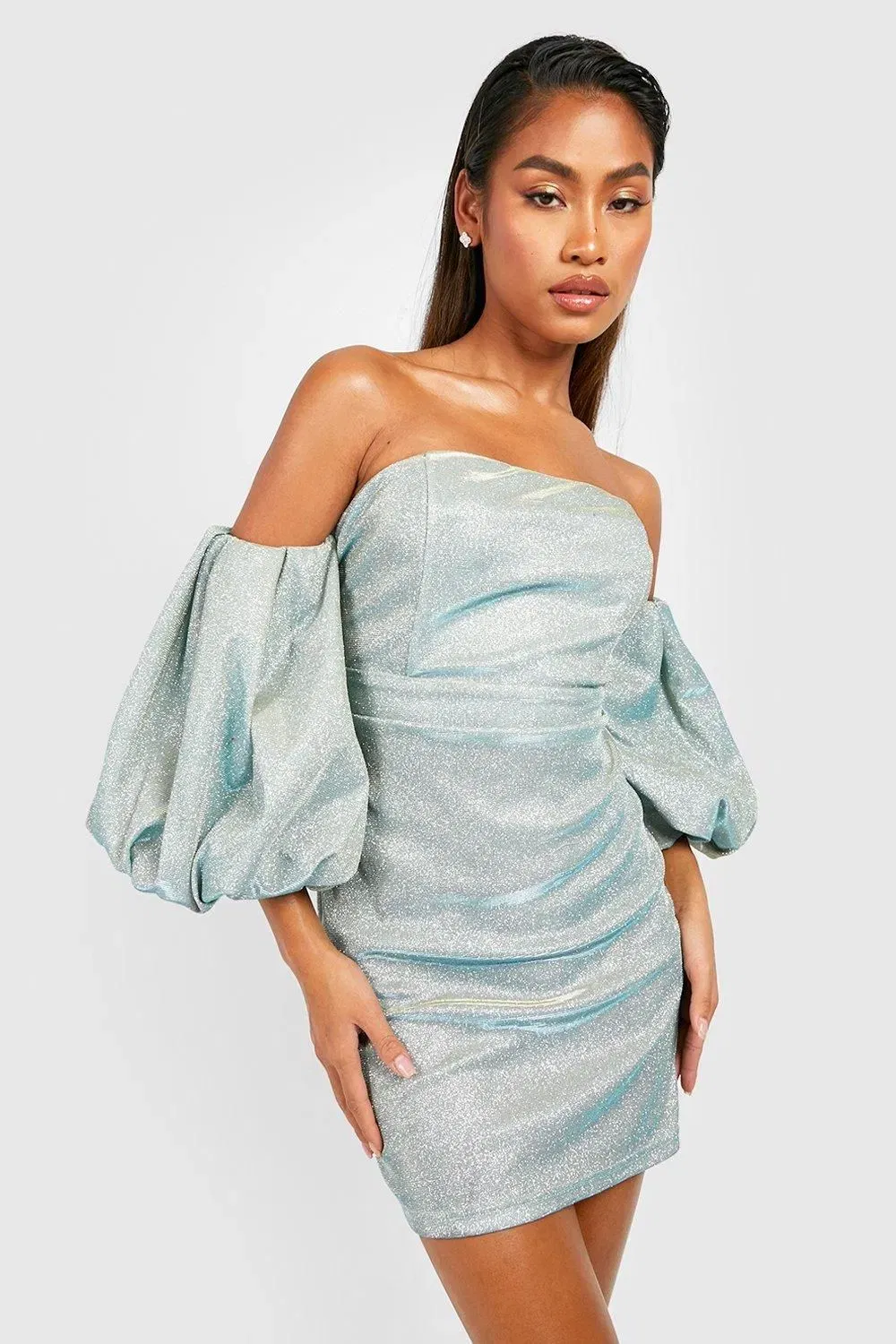 Glitter Puff Sleeve Off The Shoulder Party Dress