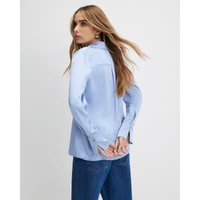 Blue Satin Long Sleeve Slim Fit Shirt