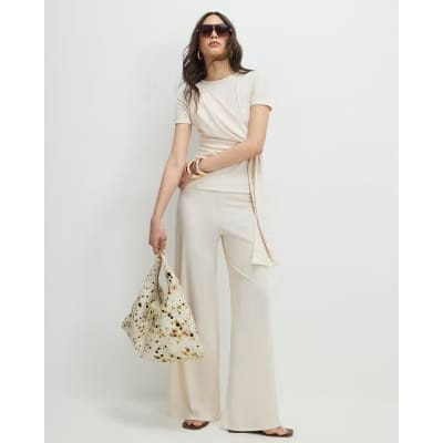 Cream Textured Wide Leg Trousers