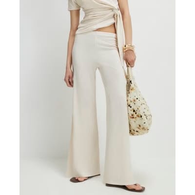 Cream Textured Wide Leg Trousers
