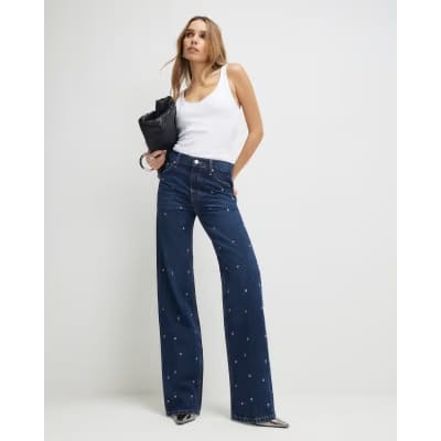 Blue Relaxed Straight Eyelet Jeans