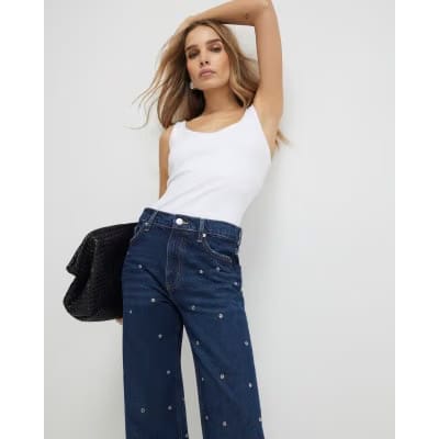 Blue Relaxed Straight Eyelet Jeans
