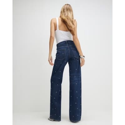 Blue Relaxed Straight Eyelet Jeans