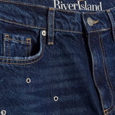 Blue Relaxed Straight Eyelet Jeans