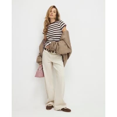Brown Short Sleeve Fitted Stripe Rib T-Shirt