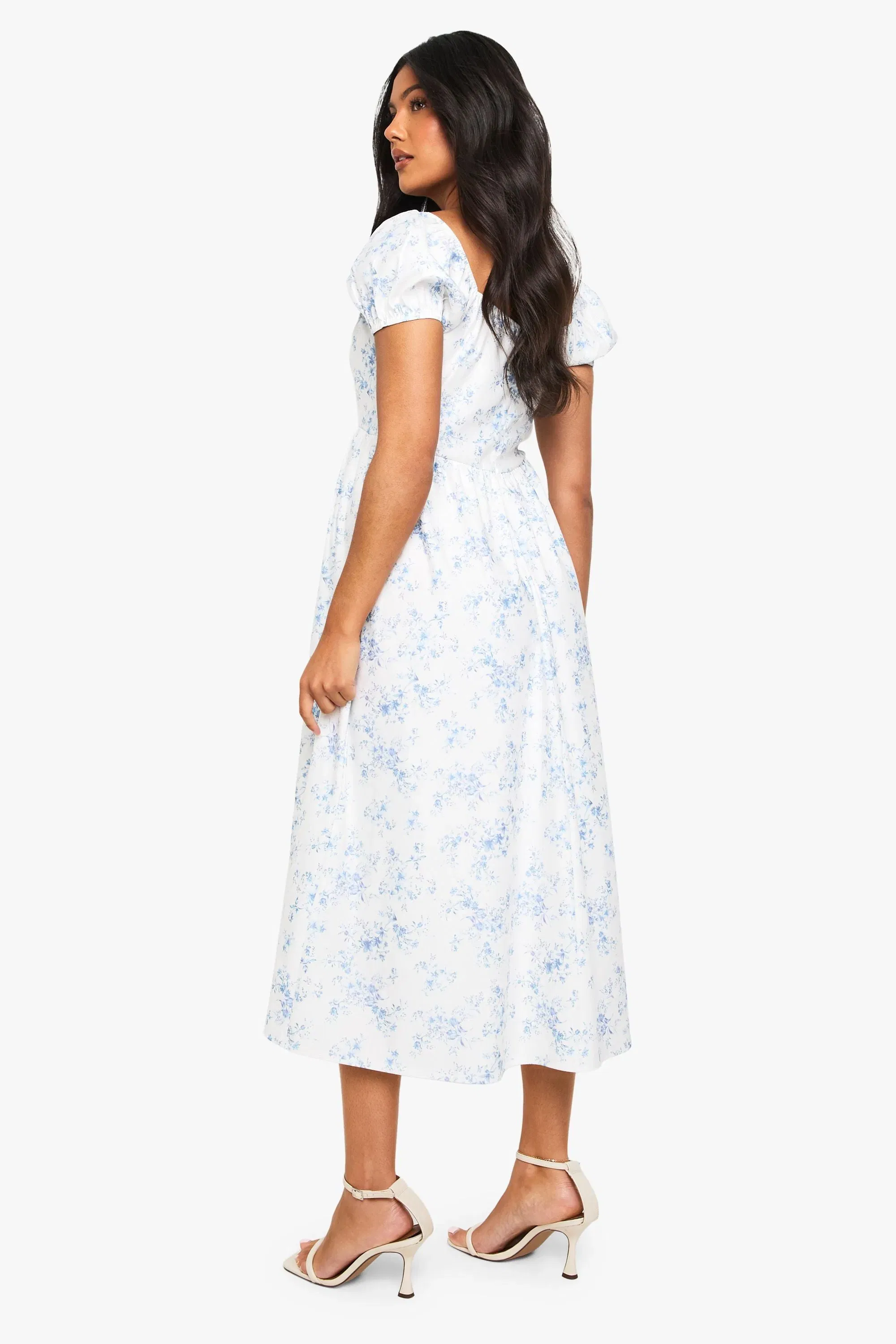 Maternity Bengaline Puff Sleeve Porcelain Print Milkmaid Midi Dress
