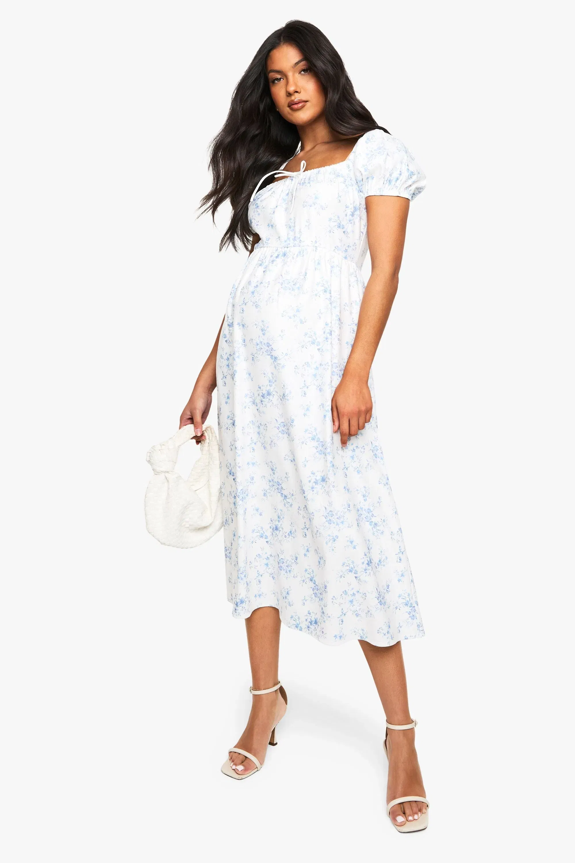 Maternity Bengaline Puff Sleeve Porcelain Print Milkmaid Midi Dress