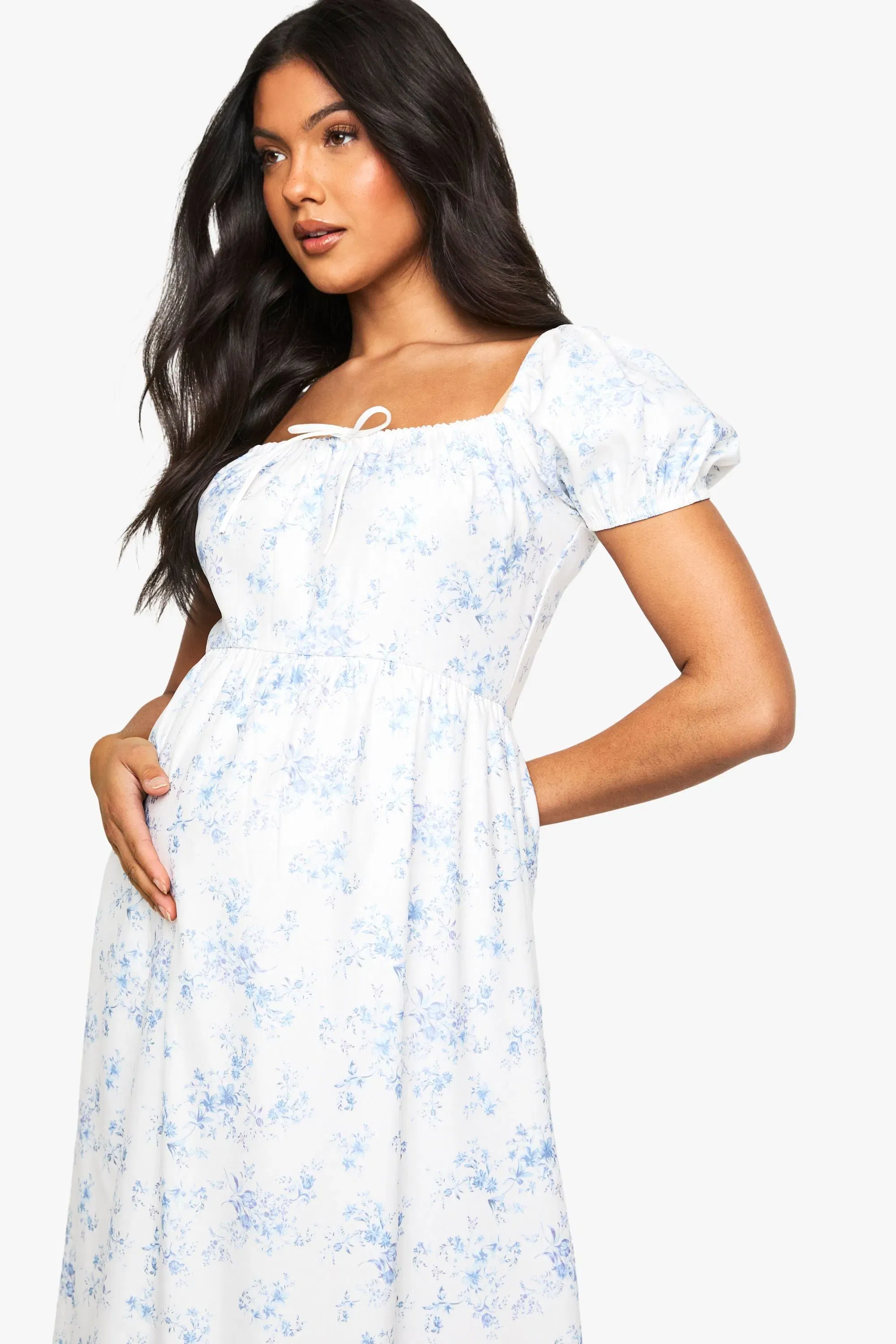 Maternity Bengaline Puff Sleeve Porcelain Print Milkmaid Midi Dress