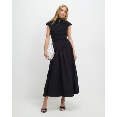 Black Short Sleeve Hybrid Drape Maxi Dress