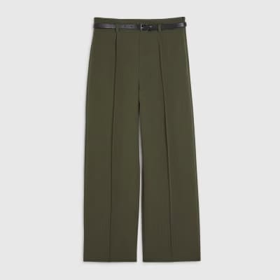 Petite Khaki Belted Straight Leg Trousers