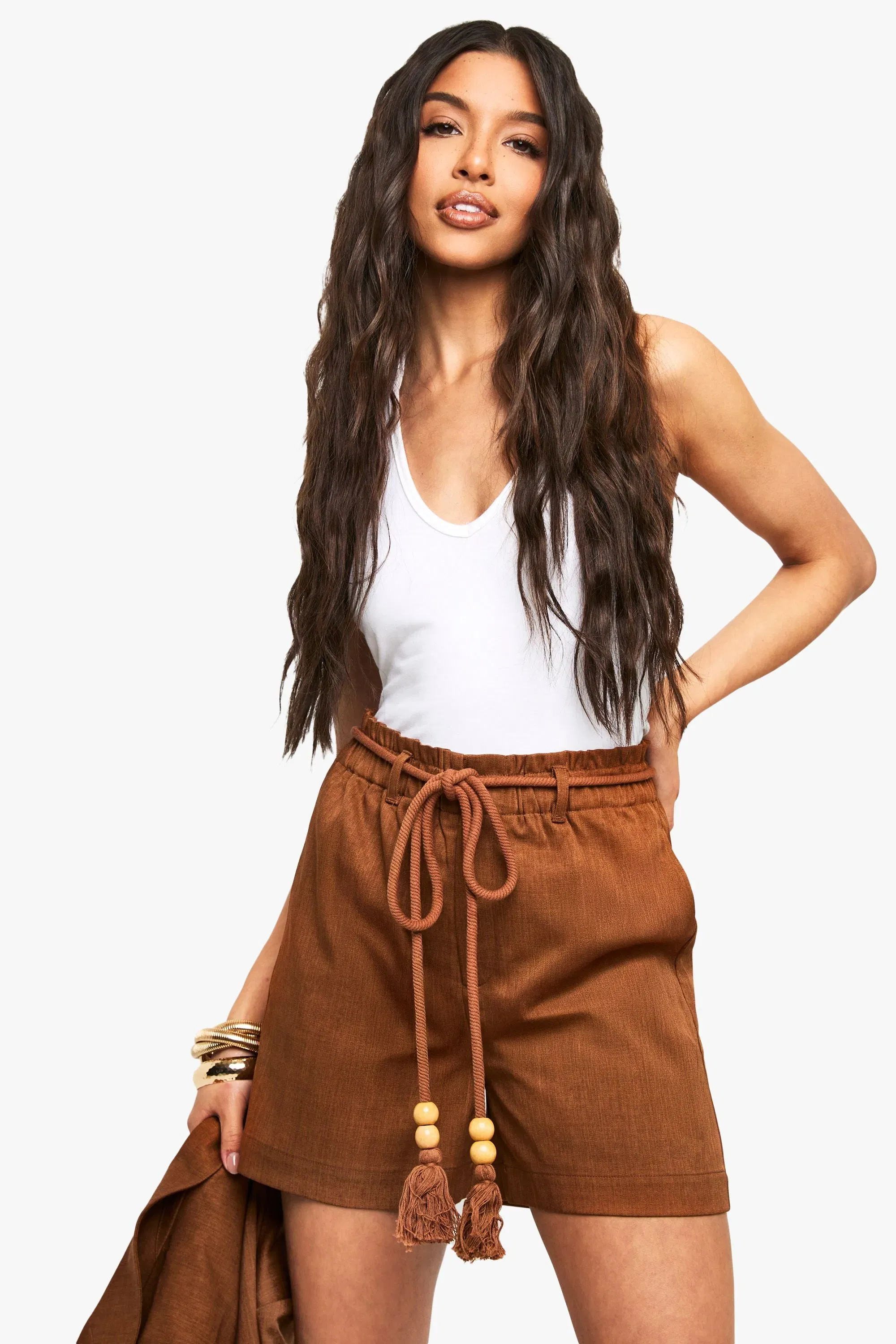 Tailored Linen Look Belted Shorts