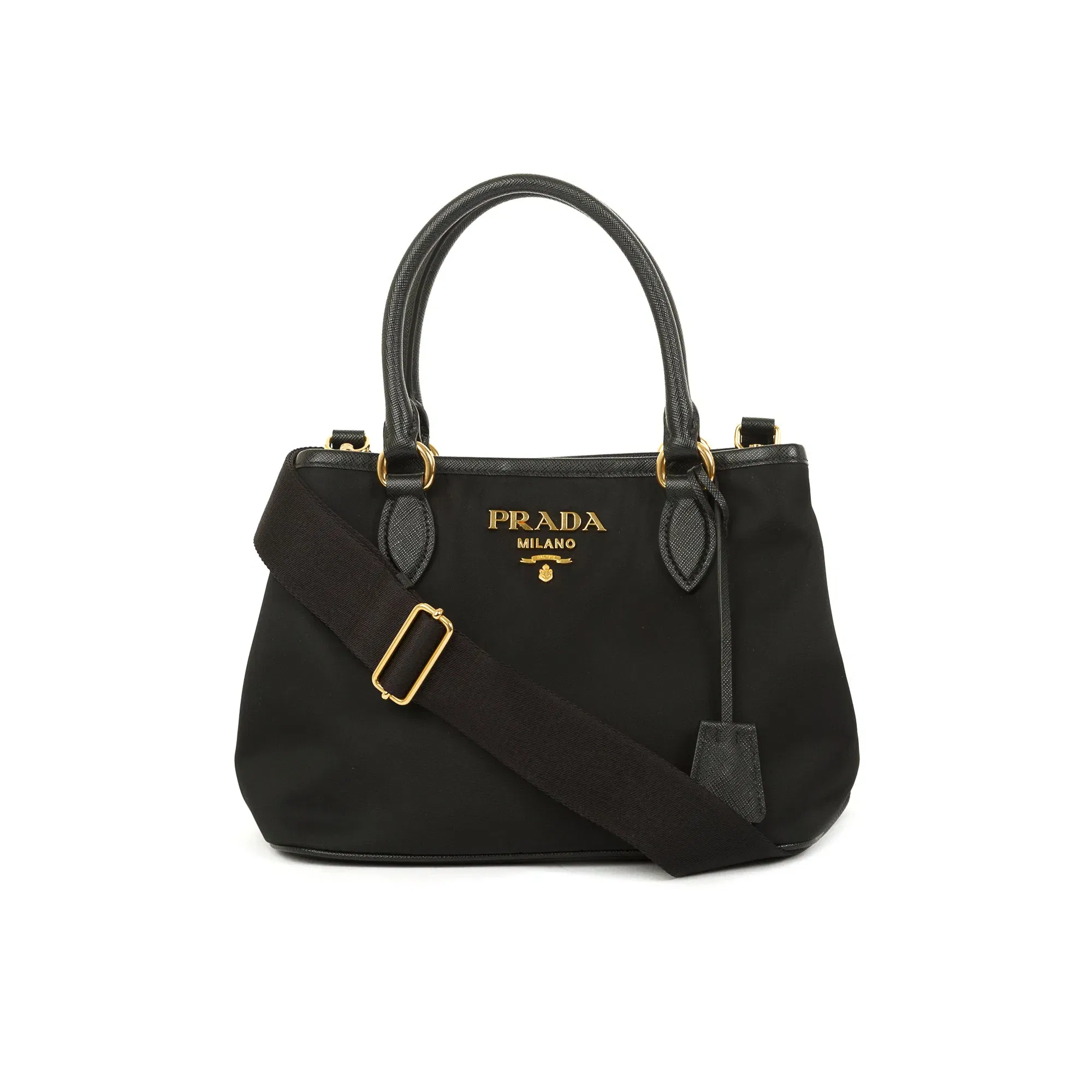 Saffiano Leather-Trimmed Tessuto Nylon Satchel w/ Strap & Authenticity Card