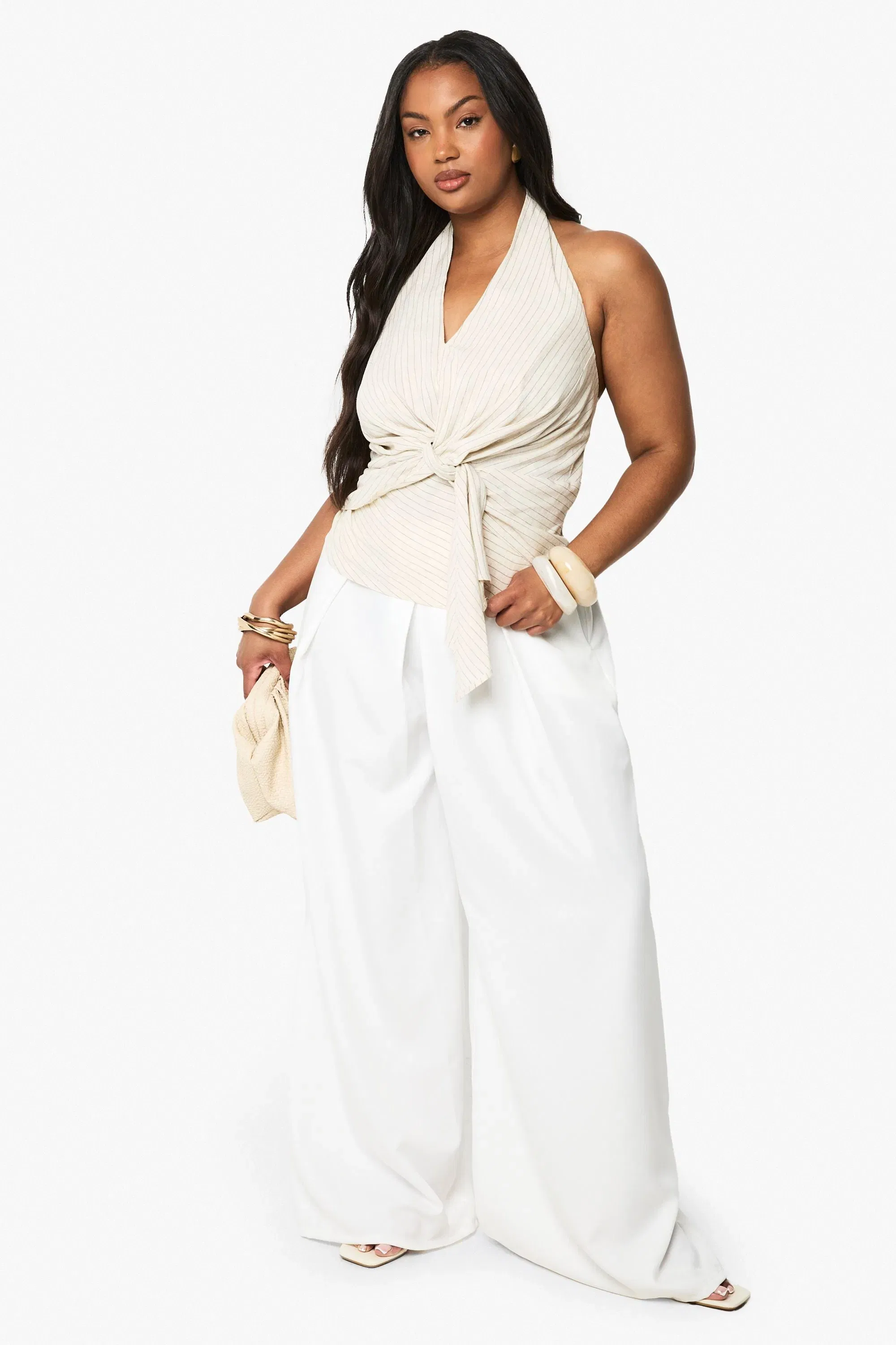 Plus Linen Stripe Halter Tie Front Top
