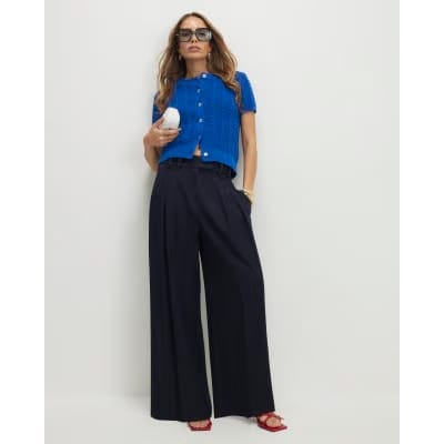 Navy Denim Look Wide Leg Trousers