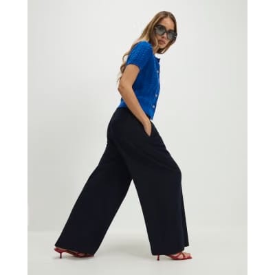 Navy Denim Look Wide Leg Trousers