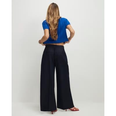 Navy Denim Look Wide Leg Trousers
