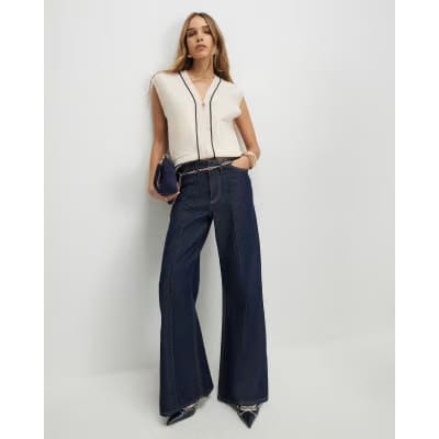 Cream Tipped Zip Through Sleeveless Cardigan
