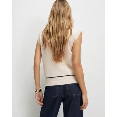 Cream Tipped Zip Through Sleeveless Cardigan