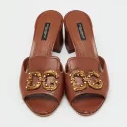 Dolce & Gabbana Brown Leather DG Amore Block Heel Slide