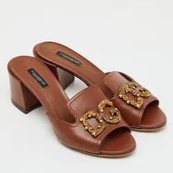 Dolce & Gabbana Brown Leather DG Amore Block Heel Slide