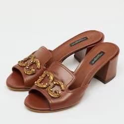 Dolce & Gabbana Brown Leather DG Amore Block Heel Slide