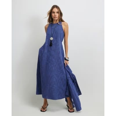 Navy Linen Look Midi Dress
