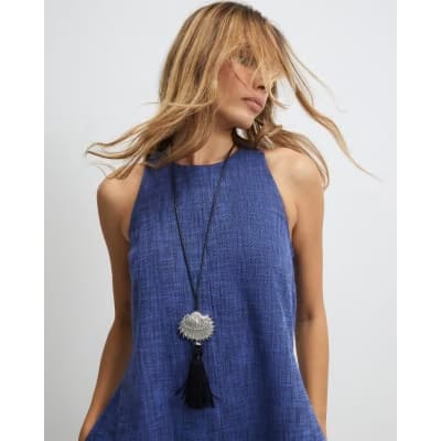 Navy Linen Look Midi Dress