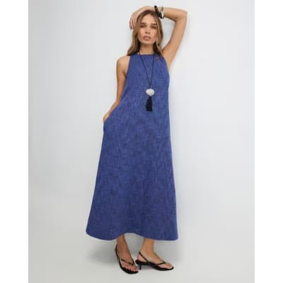 Navy Linen Look Midi Dress