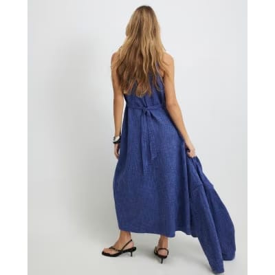 Navy Linen Look Midi Dress