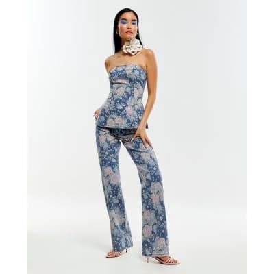 Blue Floral Relaxed Straight Jeans