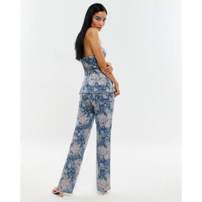 Blue Floral Relaxed Straight Jeans
