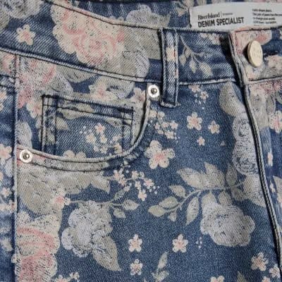 Blue Floral Relaxed Straight Jeans