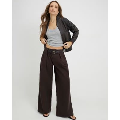 Brown Belted Pleated Wide Leg Jeans