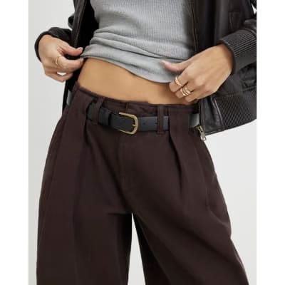 Brown Belted Pleated Wide Leg Jeans