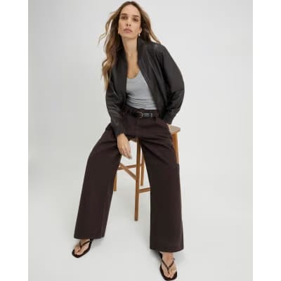 Brown Belted Pleated Wide Leg Jeans