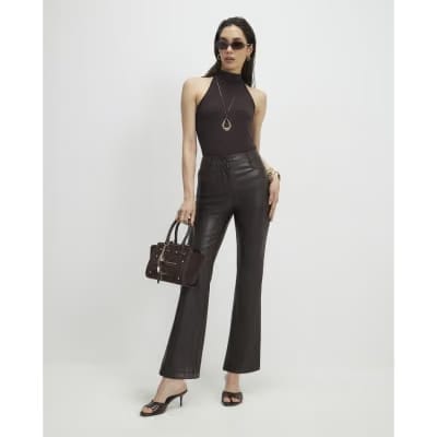 Brown Faux Leather Cropped Flared Trousers