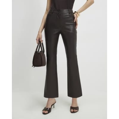Brown Faux Leather Cropped Flared Trousers