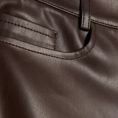 Brown Faux Leather Cropped Flared Trousers