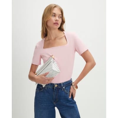 Pink Square Neck Fitted T-Shirt