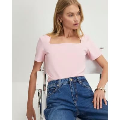 Pink Square Neck Fitted T-Shirt