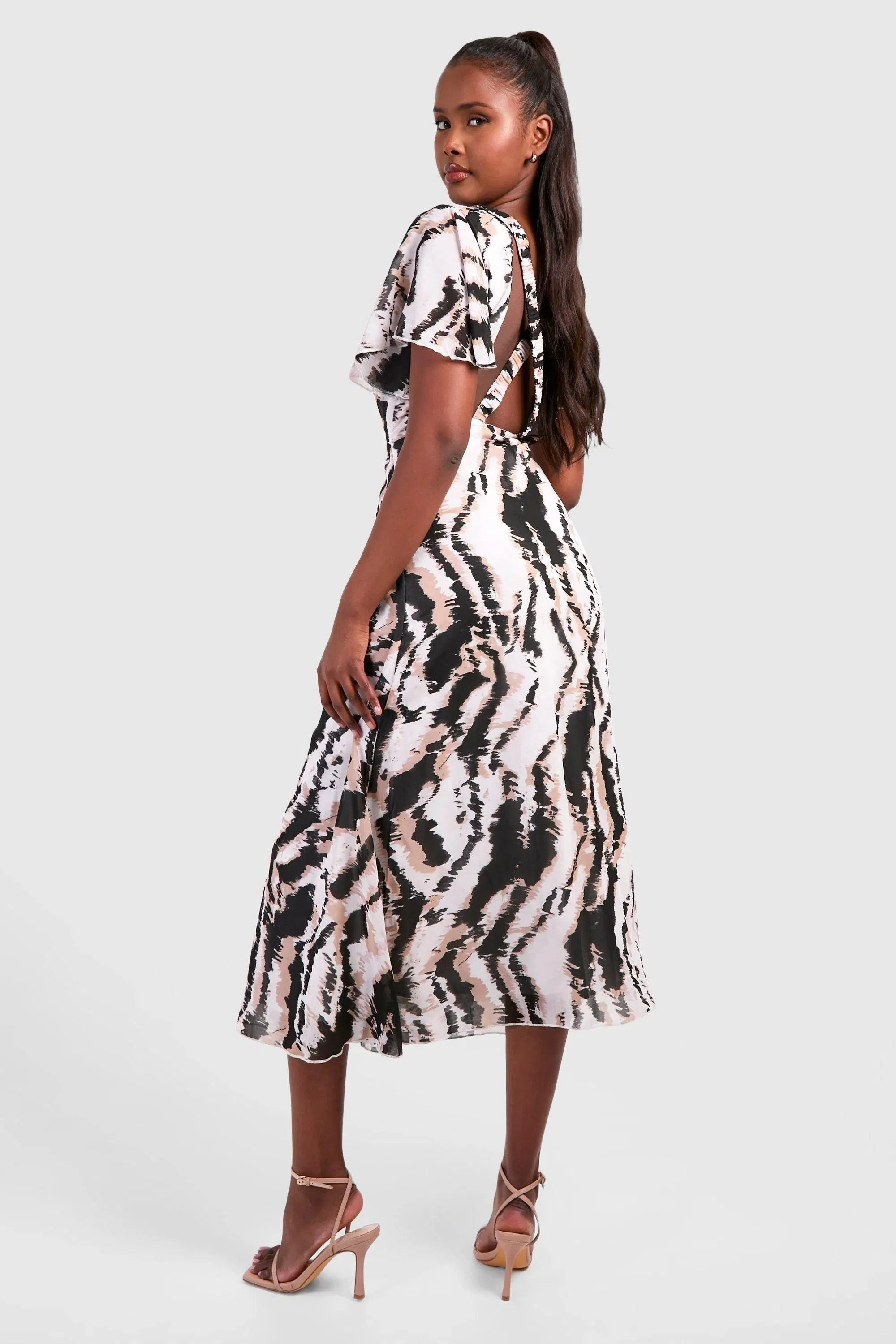 Abstract Chiffon Angel Sleeve Midaxi Dress