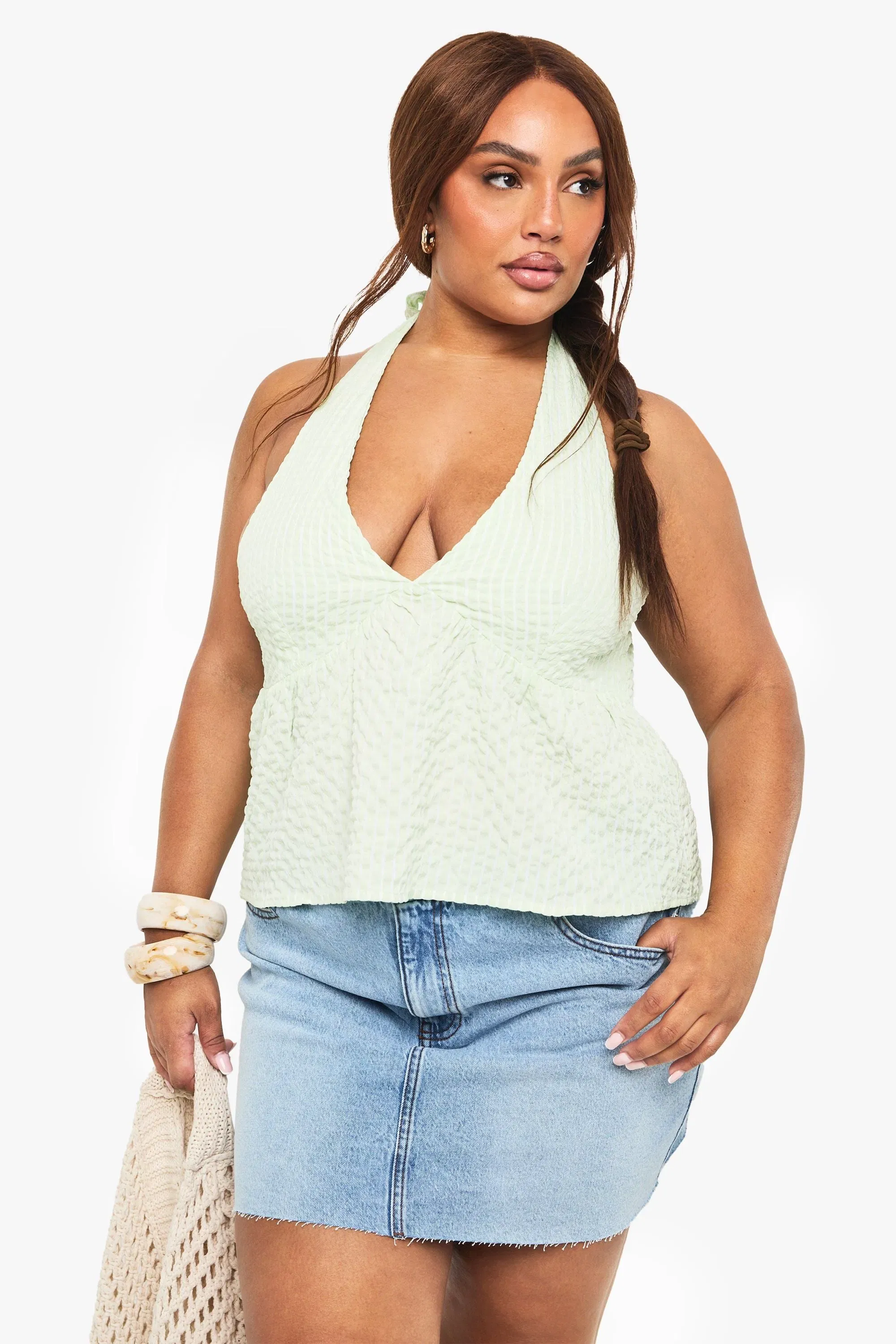 Plus Gingham Halter Smock Top