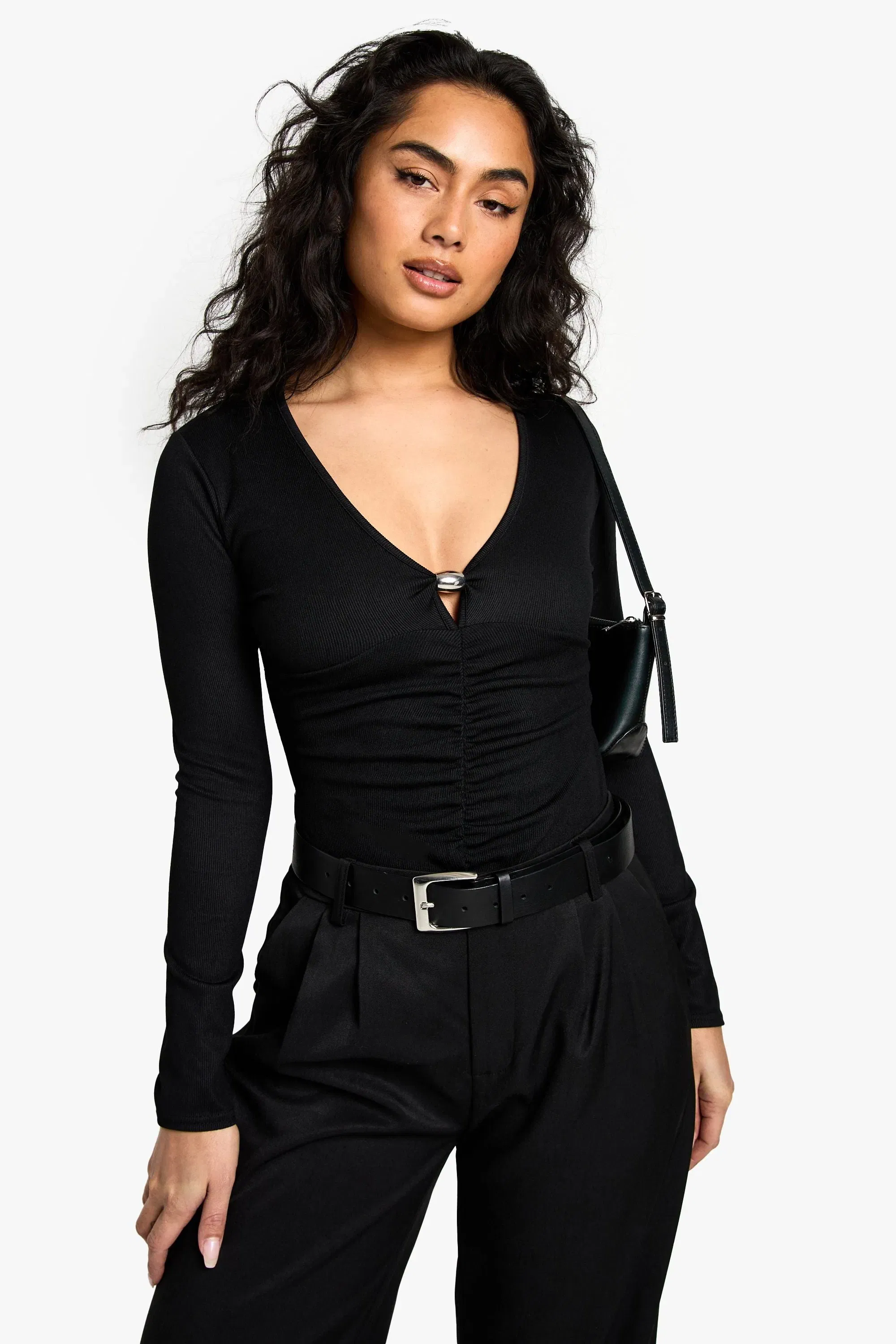 Rib Plunge Front Trim Detail Bodysuit