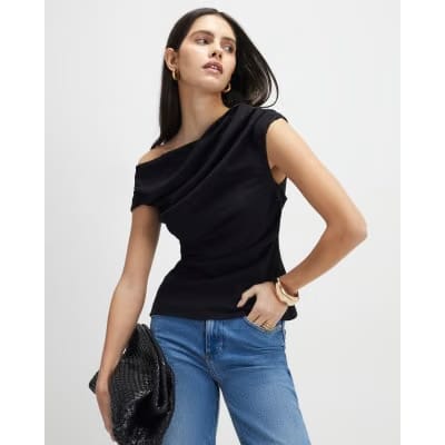 Black Short Sleeve Drape Off Shoulder Top