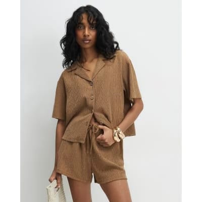 Beige Short Sleeve Textured Shirt